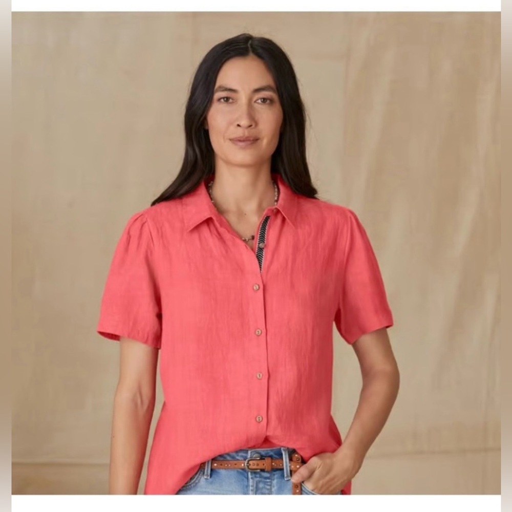 Sundance Tales Linen Coral Button-Down Shirt Size M